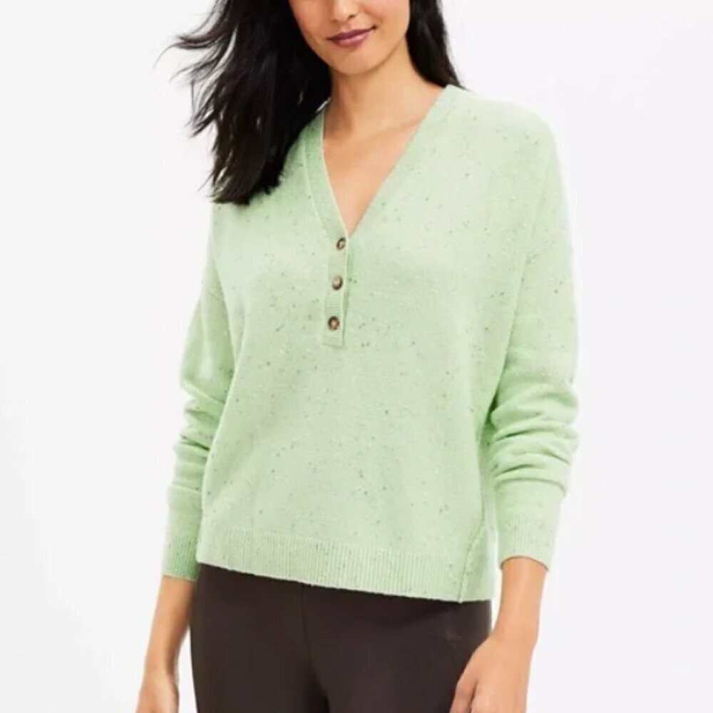 Lou & Grey Mint Green Flecked Henley Sweater Size Large L Cotton Blend EUC